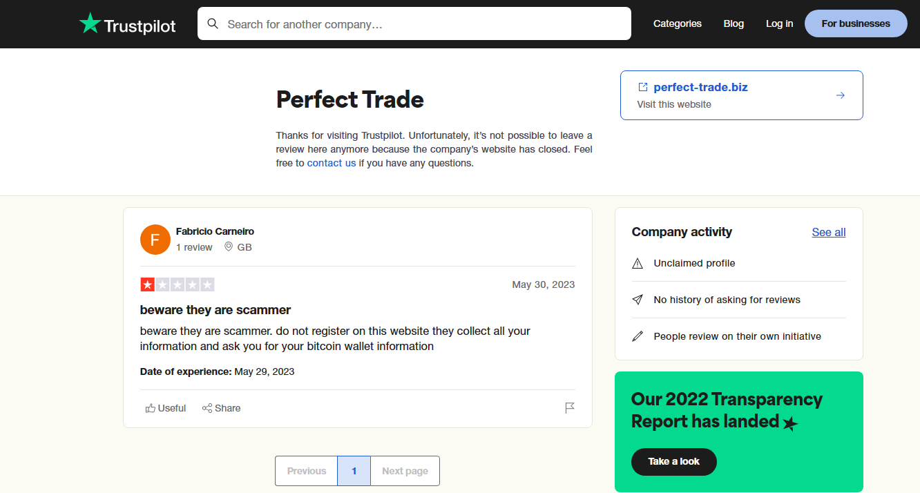 Perfect-Trade review on Trustpilot