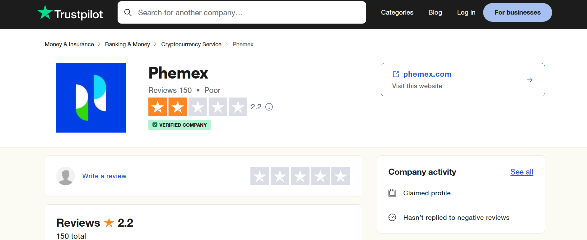 Phemex reviews on Trustpilot