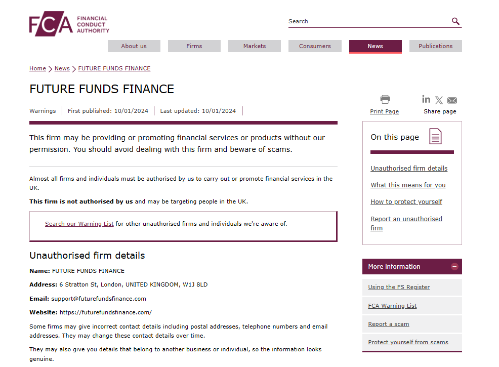 Future Funds Finance warning