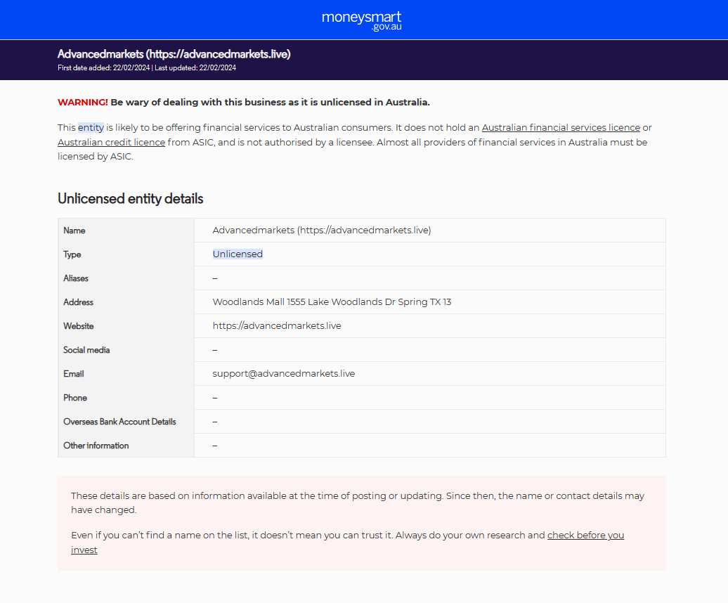 Advancedmarkets. live ASIC warning