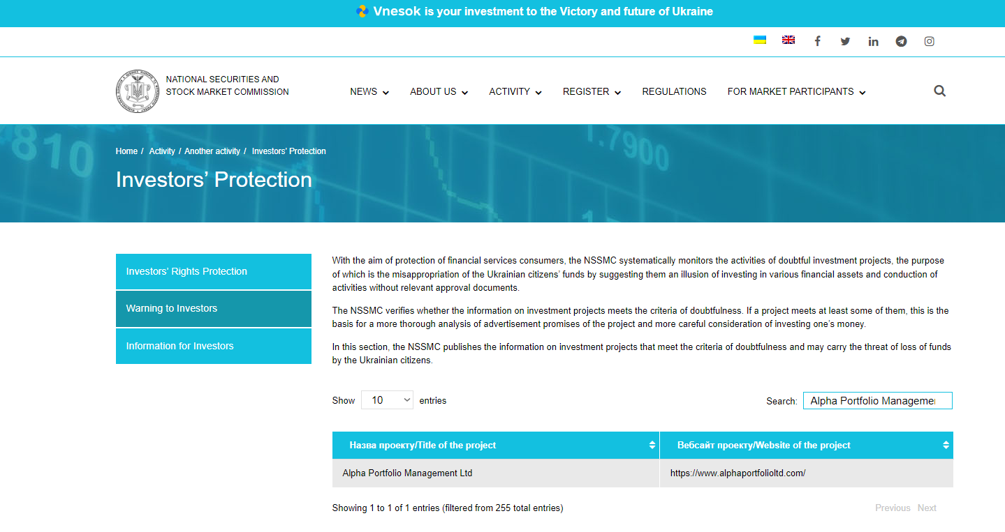 Alpha Portfolio Manangement Ltd NSSMC warning