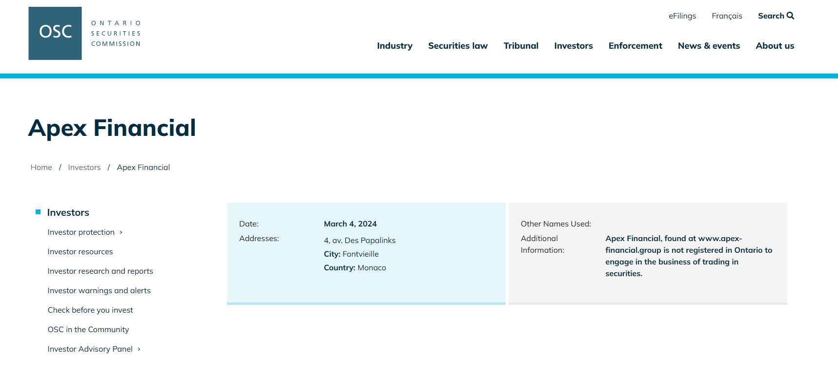 Apex-financial.group OSC warning