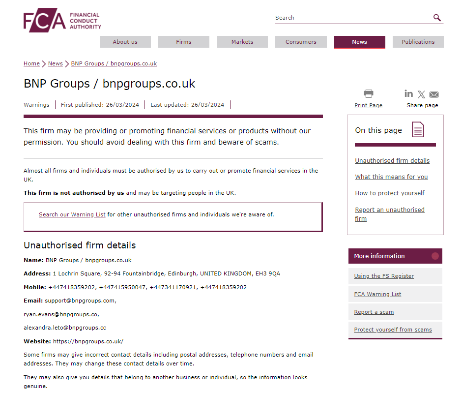 BNP Groups FCA warning BNP Groups FCA warning