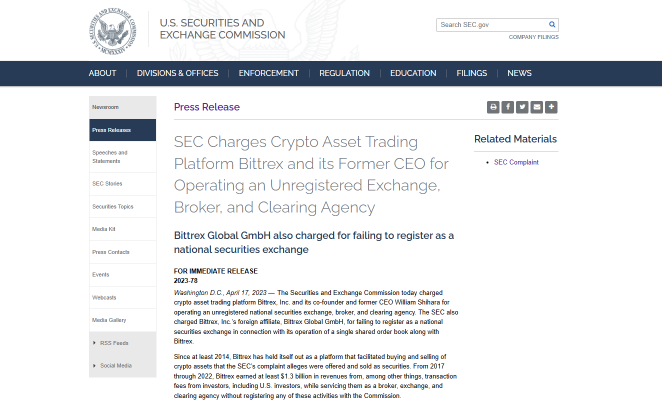 Bittrex warning by SEC