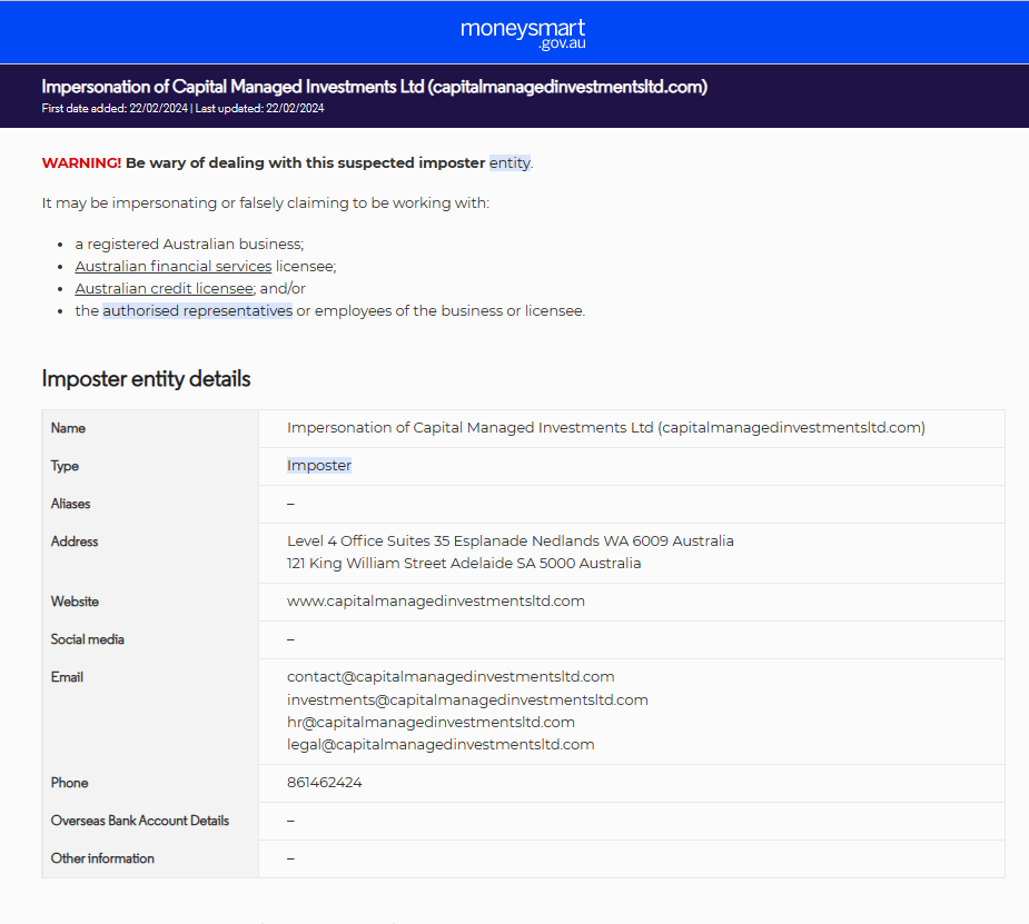 Capitalmanagedivestmentsltd.com Asic warning.