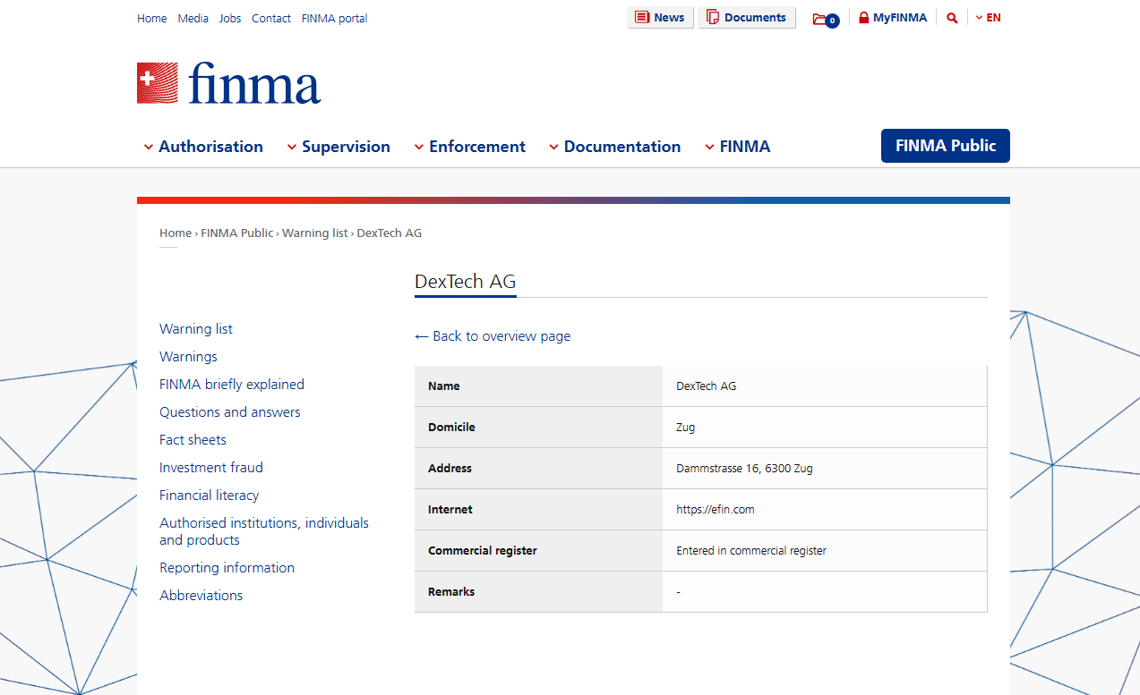 DexTech AG finma warning 