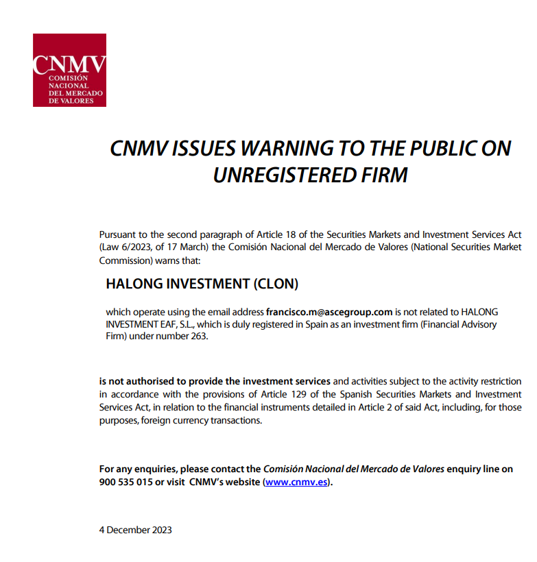 Halong Investment (Clon) CNMV warning