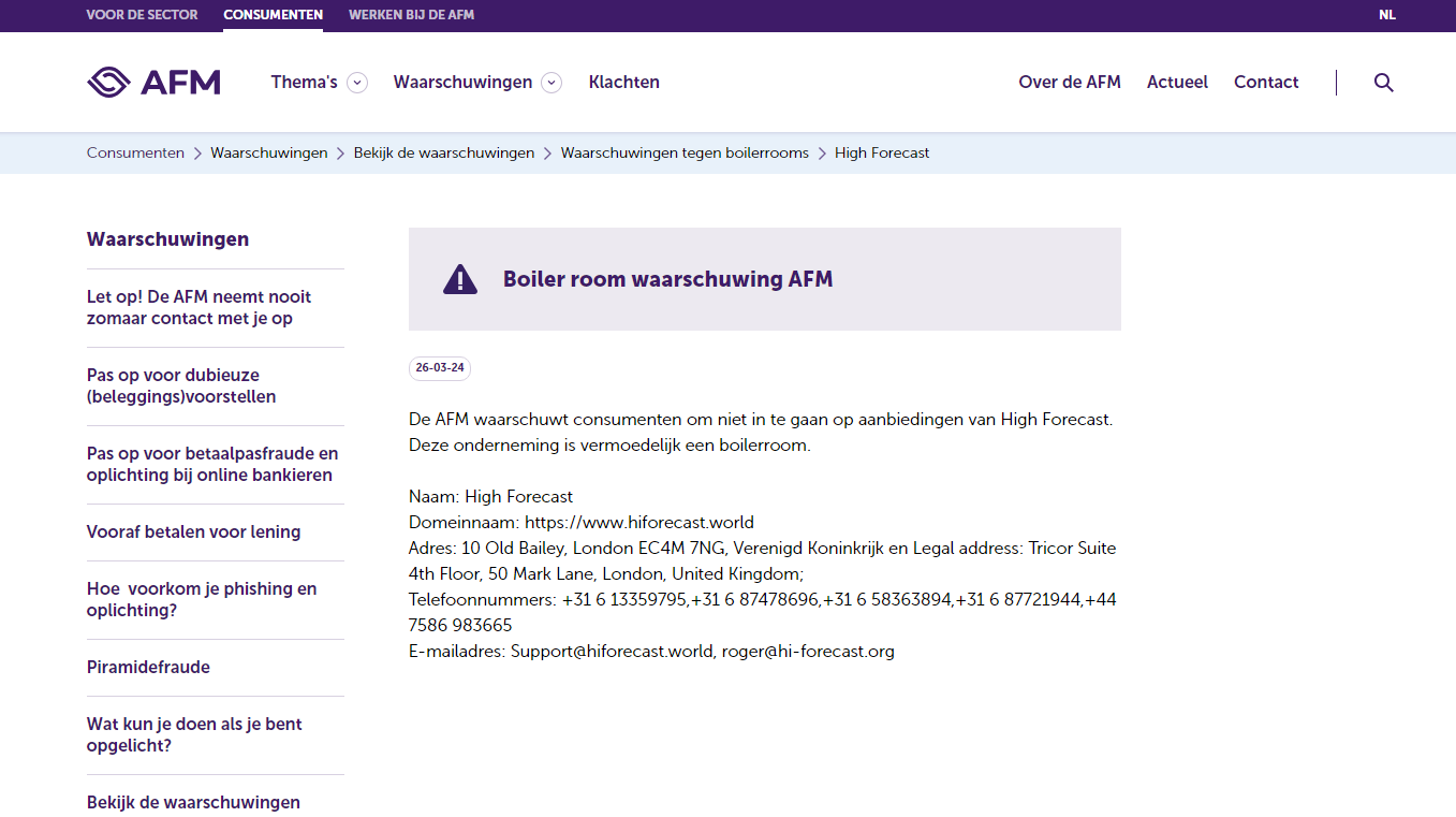 High Forecast AFM Warning