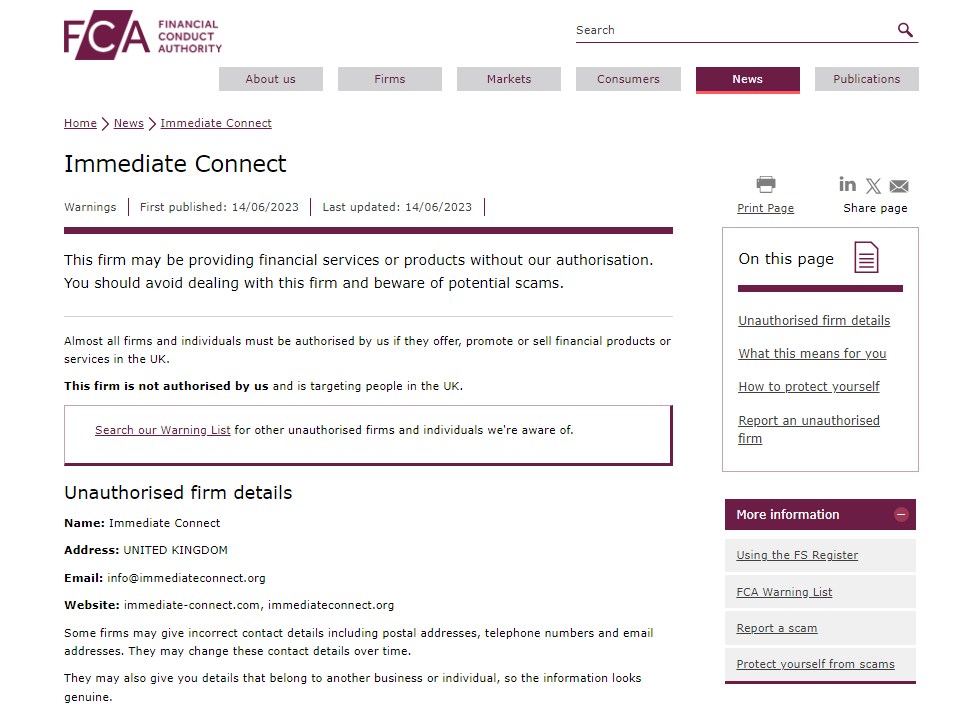 Immediate Connect FCA warning