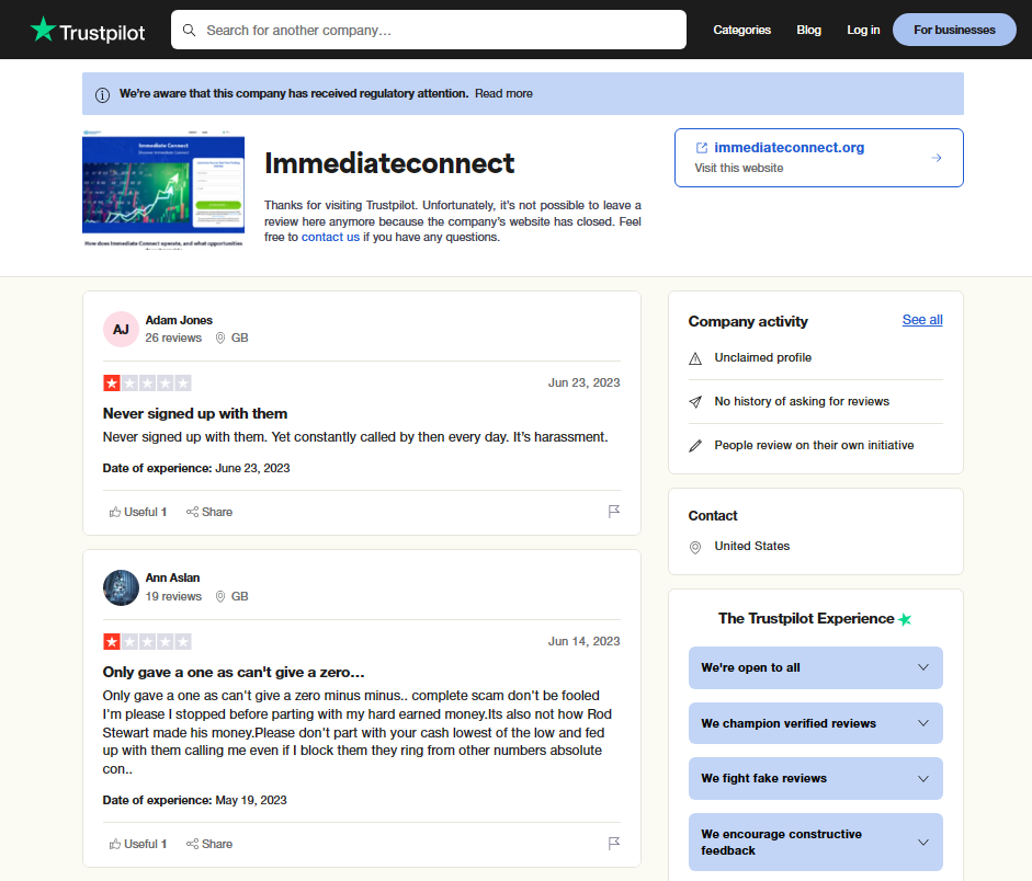 Immediateconnect.org reviews on Trustpilot