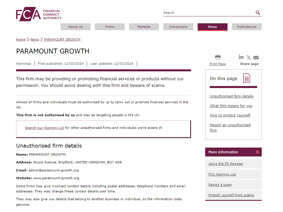 Paramount growth FCA warning