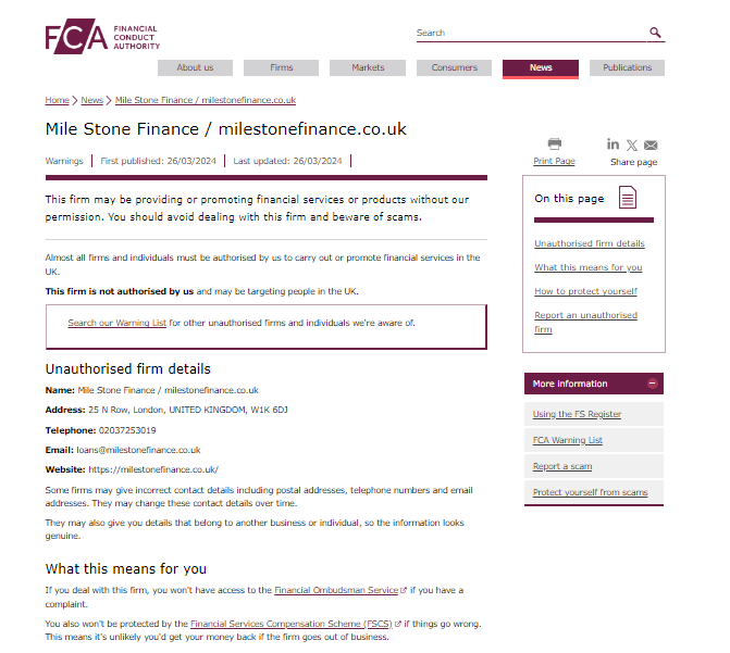 milestonefinance.co.uk FCA Warning