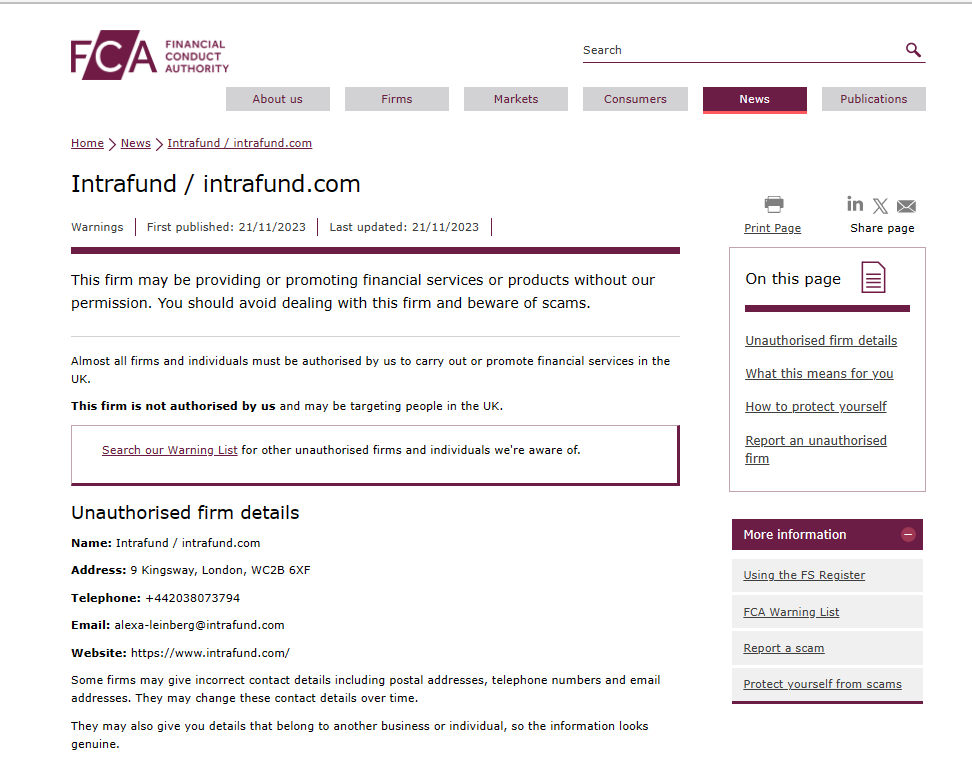 intrafund fca warning